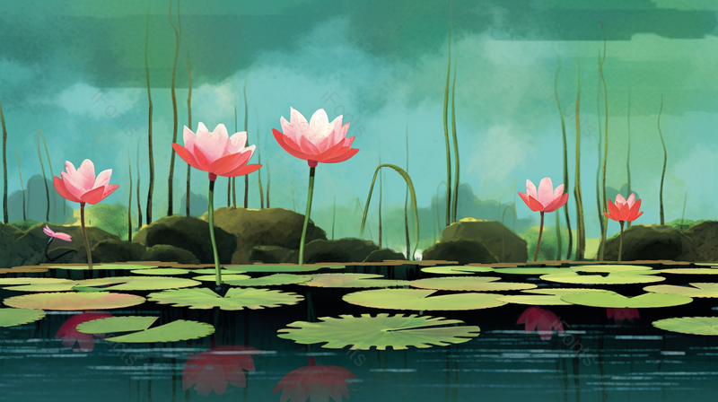 夏至唯美池塘里的荷叶荷花插画手绘背景,插画/手绘图,插画/手绘图库,插画/手绘图下载,插画/手绘